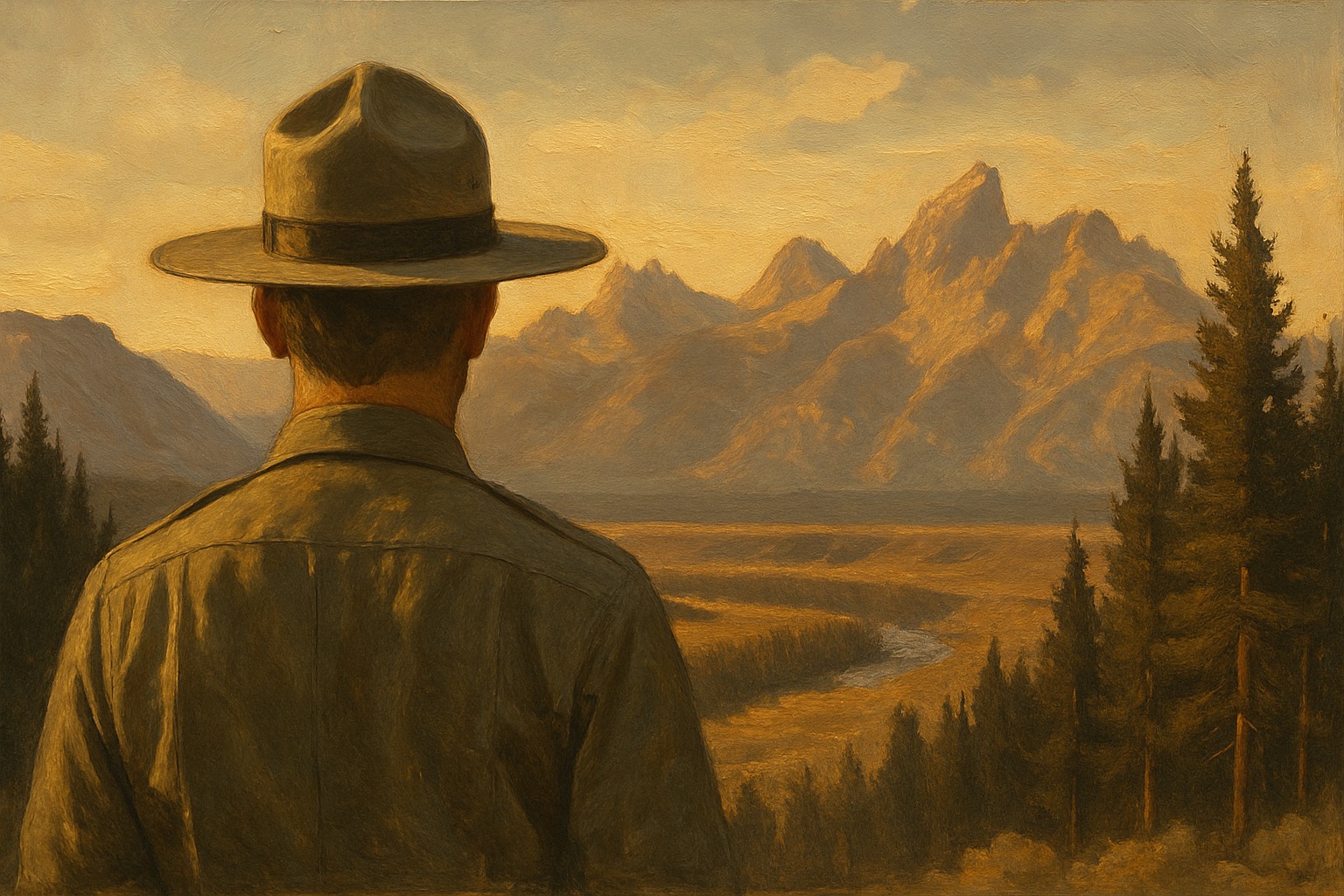 A National Park Service ranger overlooking a western national park landscape