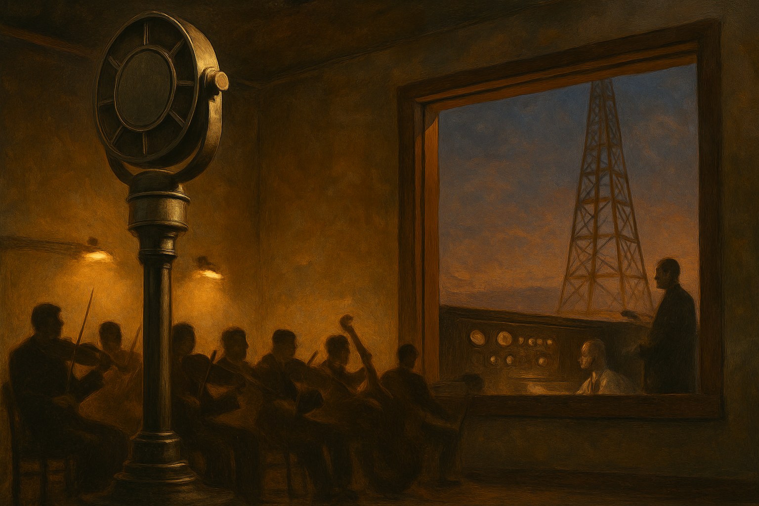 A 1930s network radio studio and distant transmitting tower, NBC