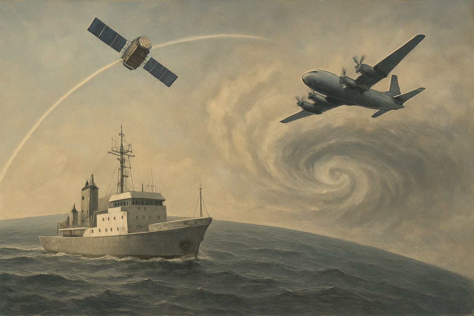 A research ship, a weather satellite, and a hurricane hunter aircraft, the work of NOAA