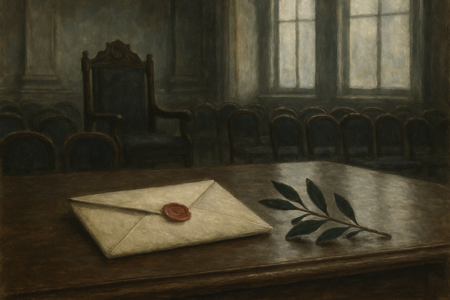 An unopened sealed letter and a sprig of olive beside an empty chair in a formal audience room, the Olive Branch Petition