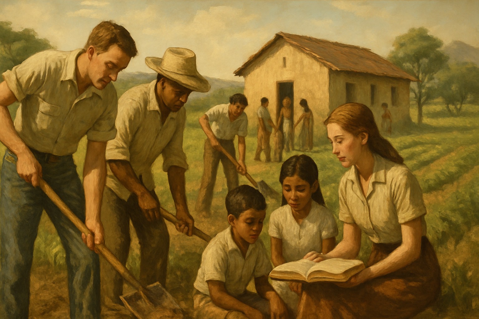 Peace Corps volunteers working alongside villagers in the 1960s