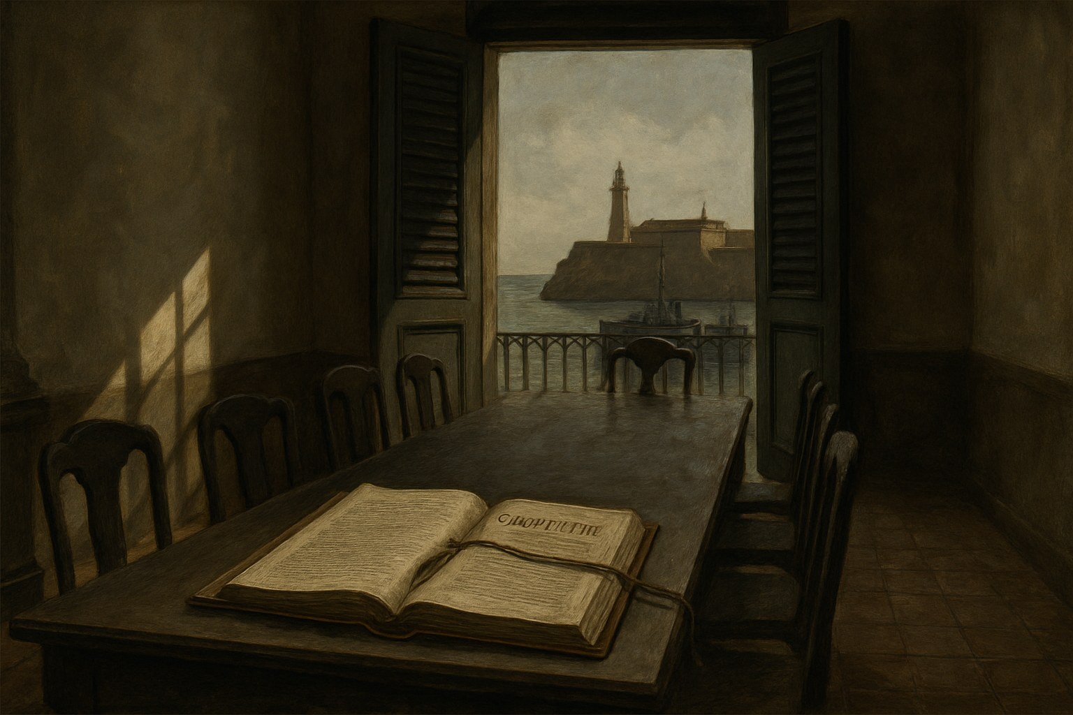 A colonial government room in Havana with an open constitution and warships in the harbor beyond, the Platt Amendment