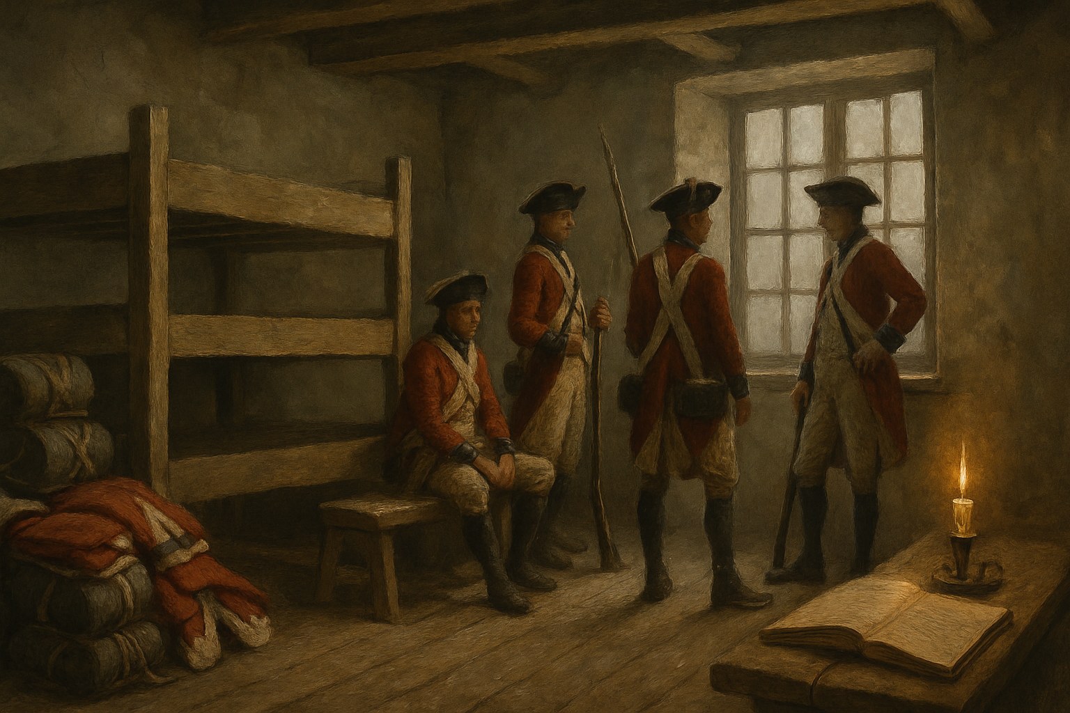 Empty bunks and folded soldiers' coats in a colonial tavern loft, the Quartering Act of 1765