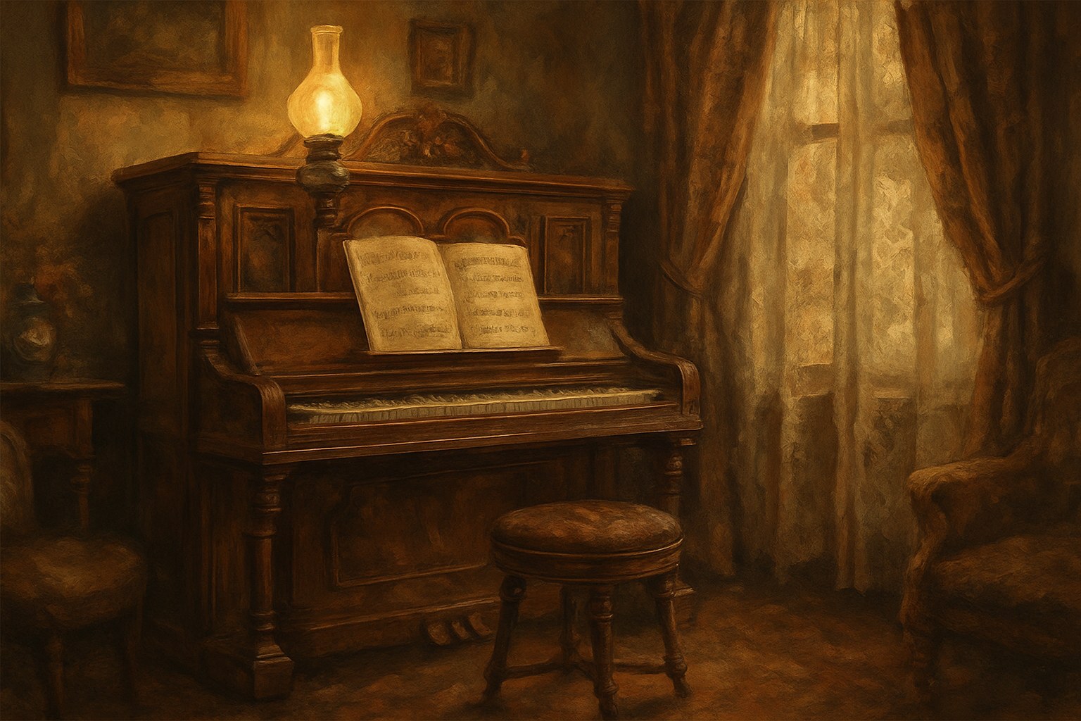 An 1890s parlor upright piano with sheet music on the stand