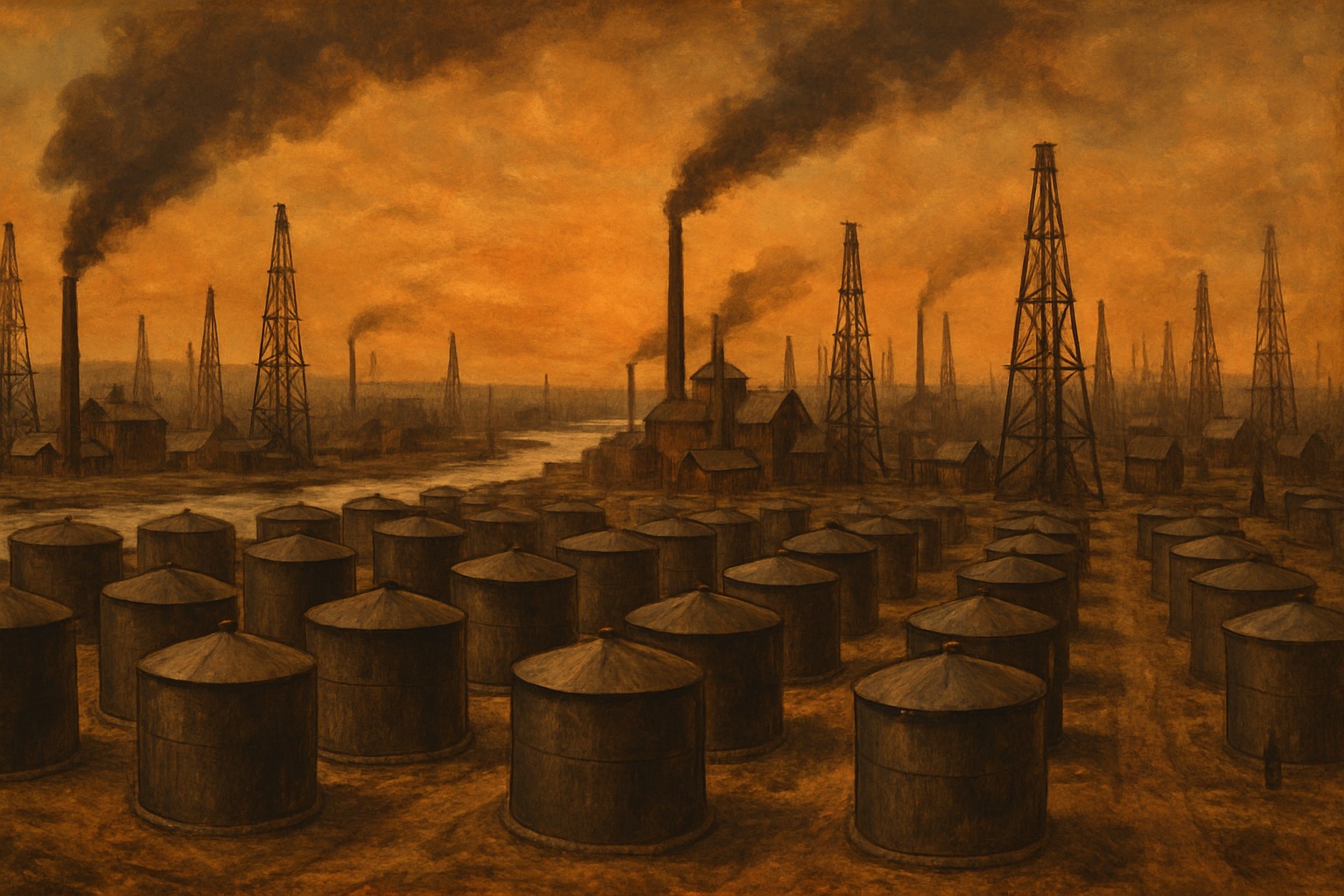 A late 19th-century Standard Oil refinery and storage tanks