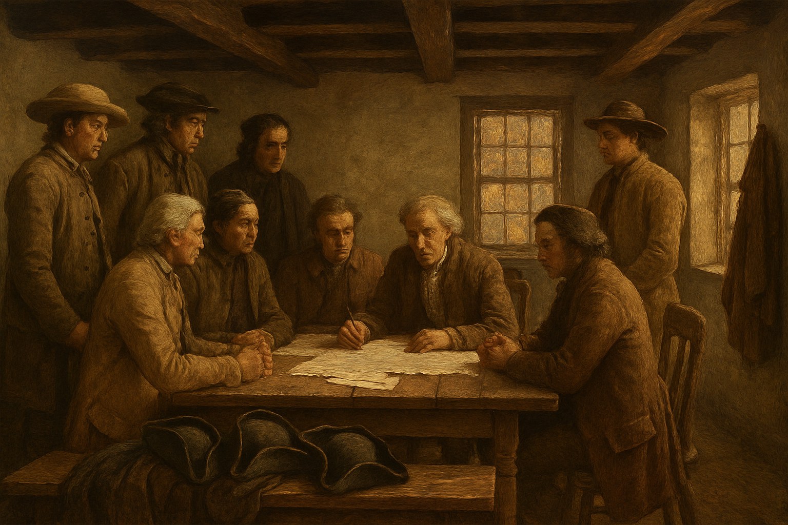 Delegates around a table of handwritten resolutions in a country parlor, the Suffolk Resolves of 1774