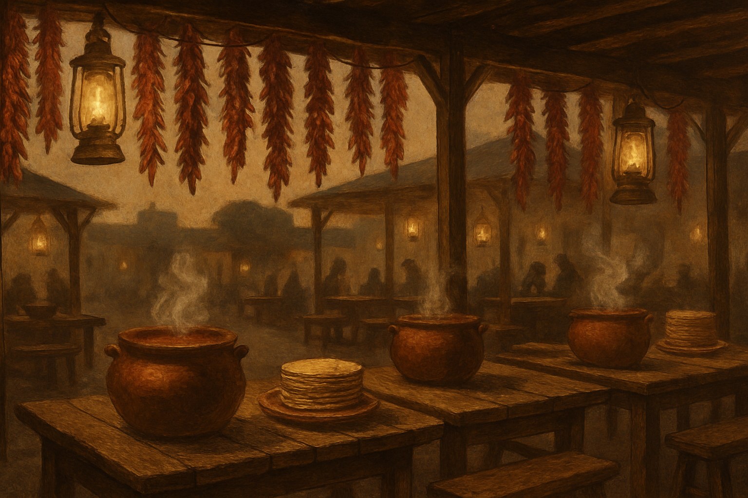 Lantern-lit open-air food stalls with clay pots of chili and strings of dried red chiles