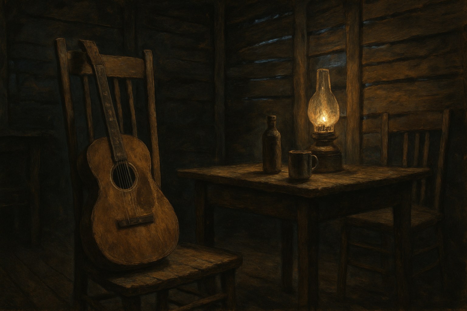 A guitar and slide in an empty Mississippi juke joint at night
