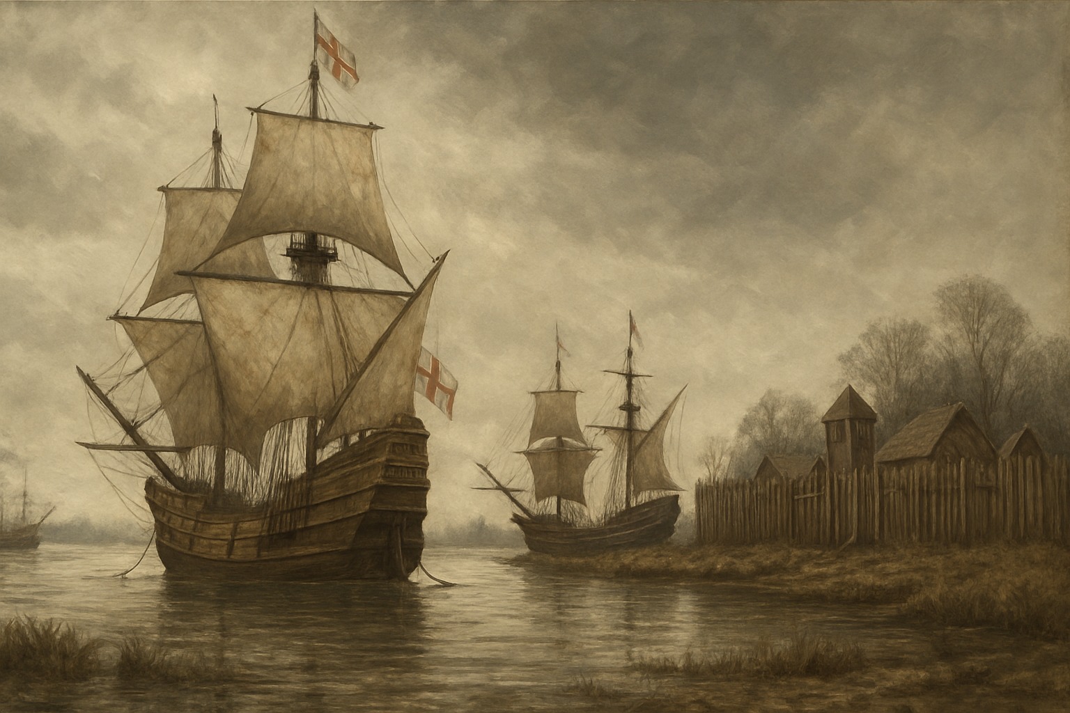 English ships and the Jamestown fort founded by the Virginia Company, 1607