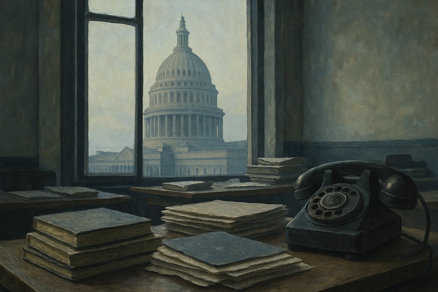 A Washington newsroom window looking toward the Capitol dome, the Washington Post