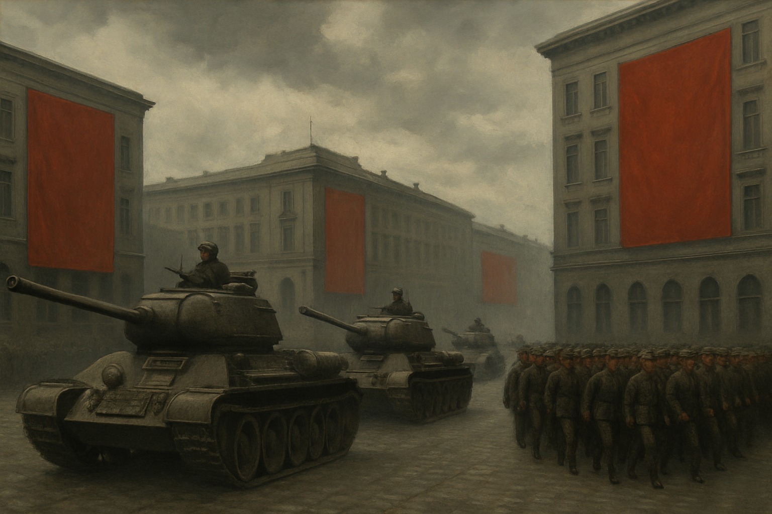 A Warsaw Pact military parade in an Eastern Bloc city during the Cold War