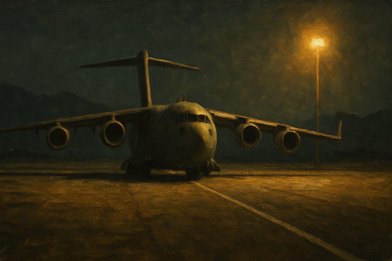 A lone military transport aircraft on a floodlit airfield at night, the withdrawal from Afghanistan